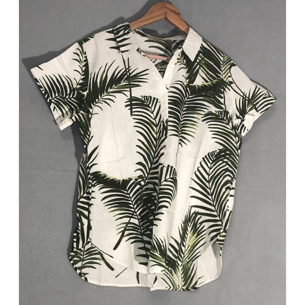 Naturals D & Co White Fern Floral Linen Blend Camp Shirt Short Sleeve Sz M